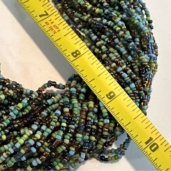 Glass seed-bead multi strand necklace in blue, green bronze lobster clasp 5309 L - Picture 10 of 16